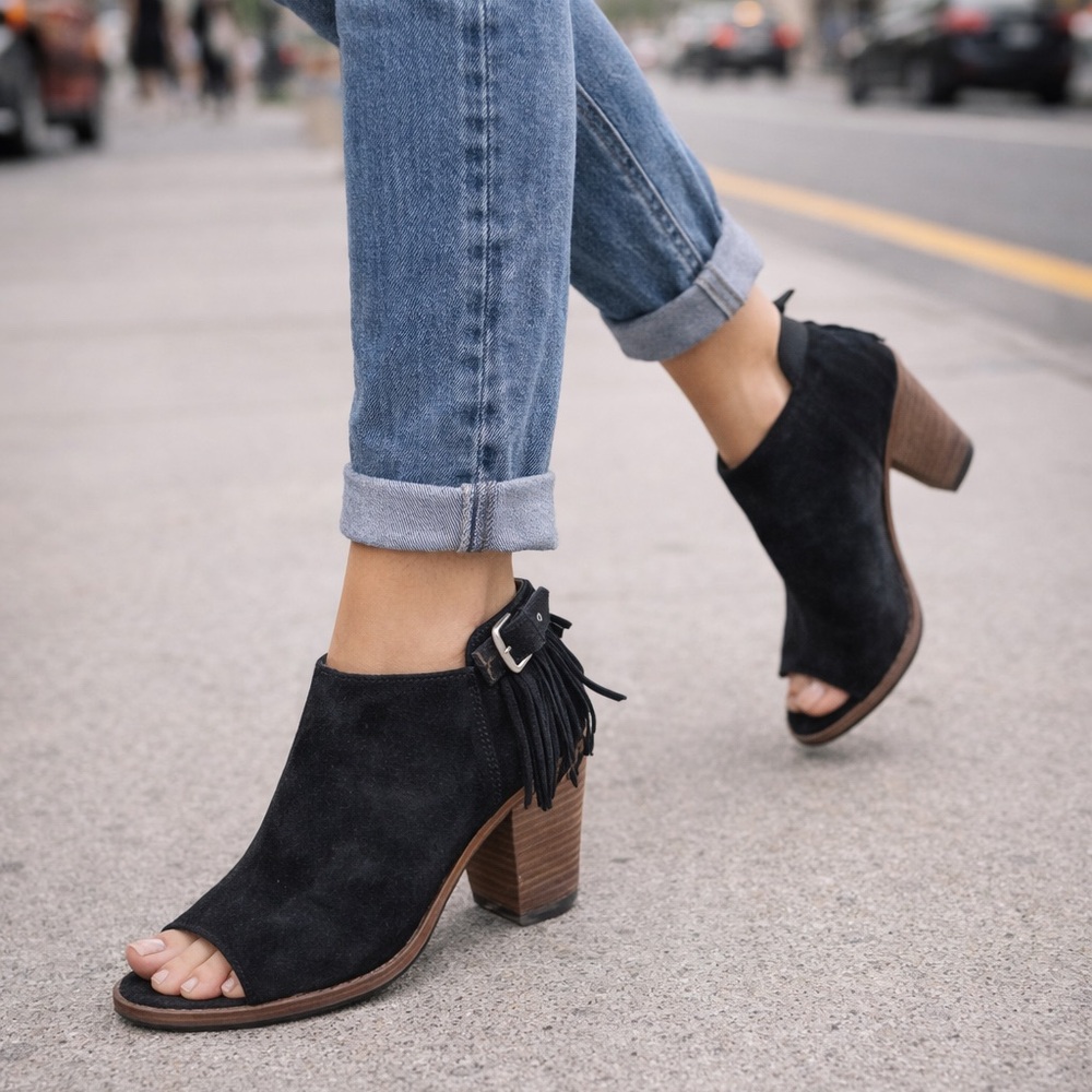 Lucky Brand Black Suede Peep-Toe Fringe Ankle Booties